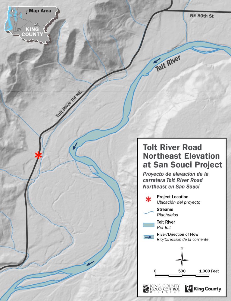 Map with project location as a red star on Tolt River Road Northeast next to the Tolt River.