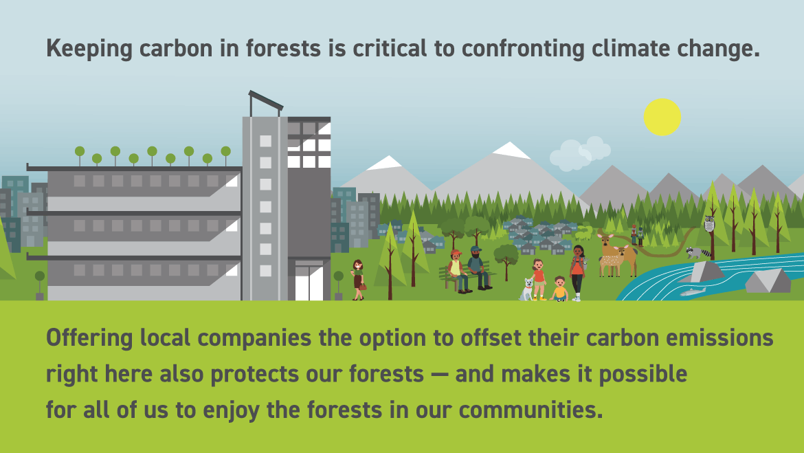 Illustration of buildings, people and natural features with the message, Keeping carbon in forests is critical to confronting climate change. Offering local companies the option to offset their carbon emissions right here also protects our forests - and makes it possible for all of us to enjoy the forests in our communities.