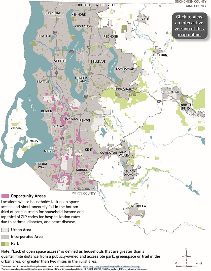 Map of western King County showing opportunity areas, cities and parks.