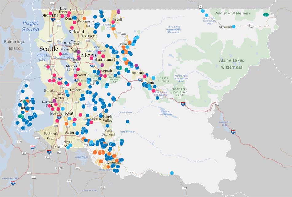 Map of King County showing points where land has been acquired for land conservation