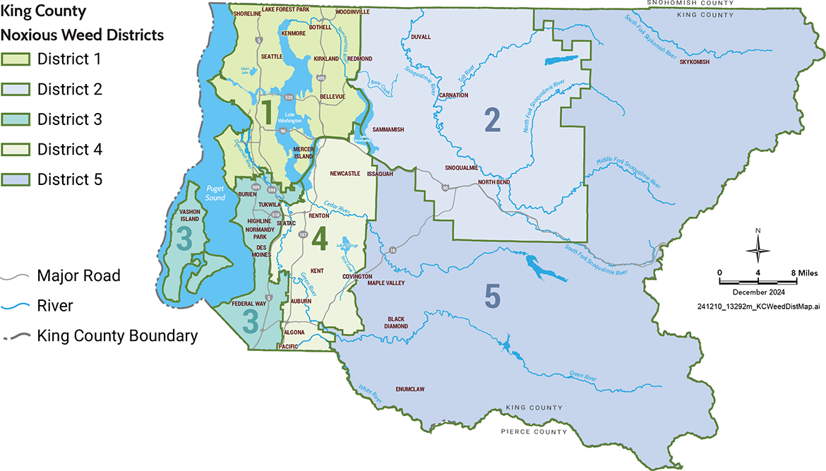 Map of King County, showing the county broken into 5 geographic regions.