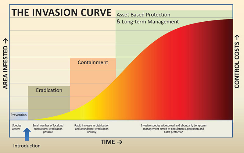 a graph displaying the invasion curve. The X axis is time. The two Y axis are control costs and area infested. The graph shows an increase to costs and area infested over time and is split into 4 categories. Prevention before the weeds arrive, and then eradication, containment, and asset-based protection and long-term management at the most costly and widespread end of the graph. 