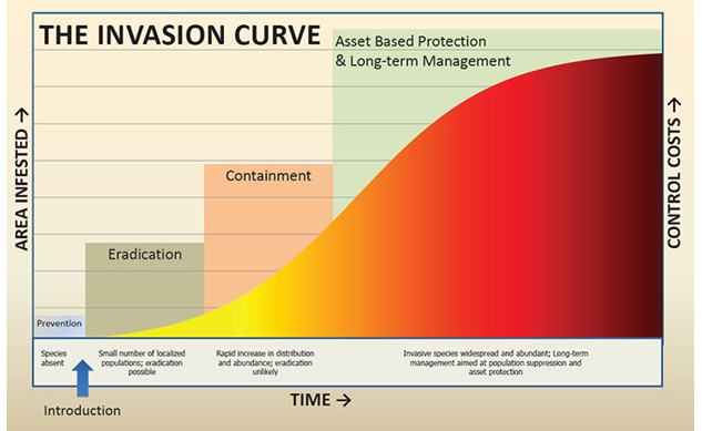 a graph displaying the invasion curve. The X axis is time. The two Y axis are control costs and area infested. The graph shows an increase to costs and area infested over time and is split into 4 categories. Prevention before the weeds arrive, and then eradication, containment, and asset-based protection and long-term management at the most costly and widespread end of the graph.