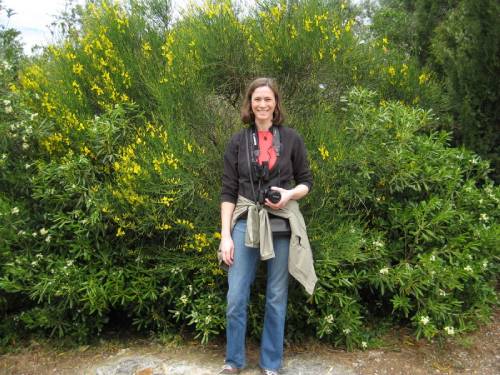 a noxious weed specialist standing in front of a rush broom bush. The bush is taller than the specialist and much wider. There are sparce yellow flowers around the edges.
