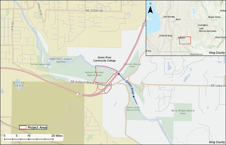 Map showing the location of the Auburn Narrows Floodplain Reconnection Project just downstream of State Route 18, across the river from Green River Community College and surrounded by City of Auburn.