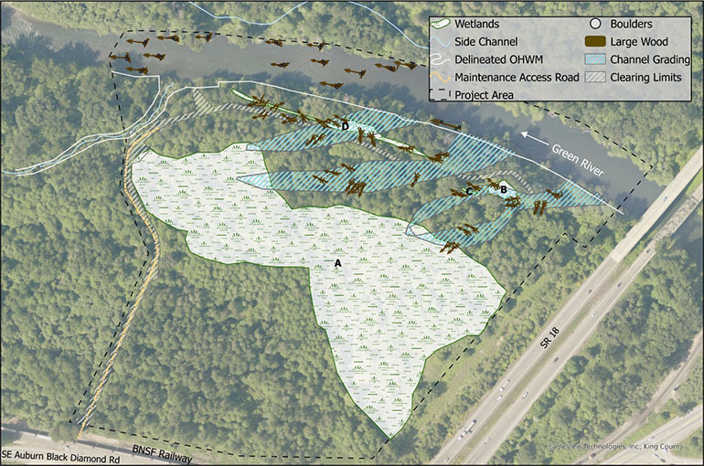 Aerial photo that maps out planned changes from the Auburn Narrows Floodplain Reconnection Project including side channels, large wood placements, side channel grading and clearing limits in relation to the Green River downstream of State Route 18 and the large wetland in the project area.