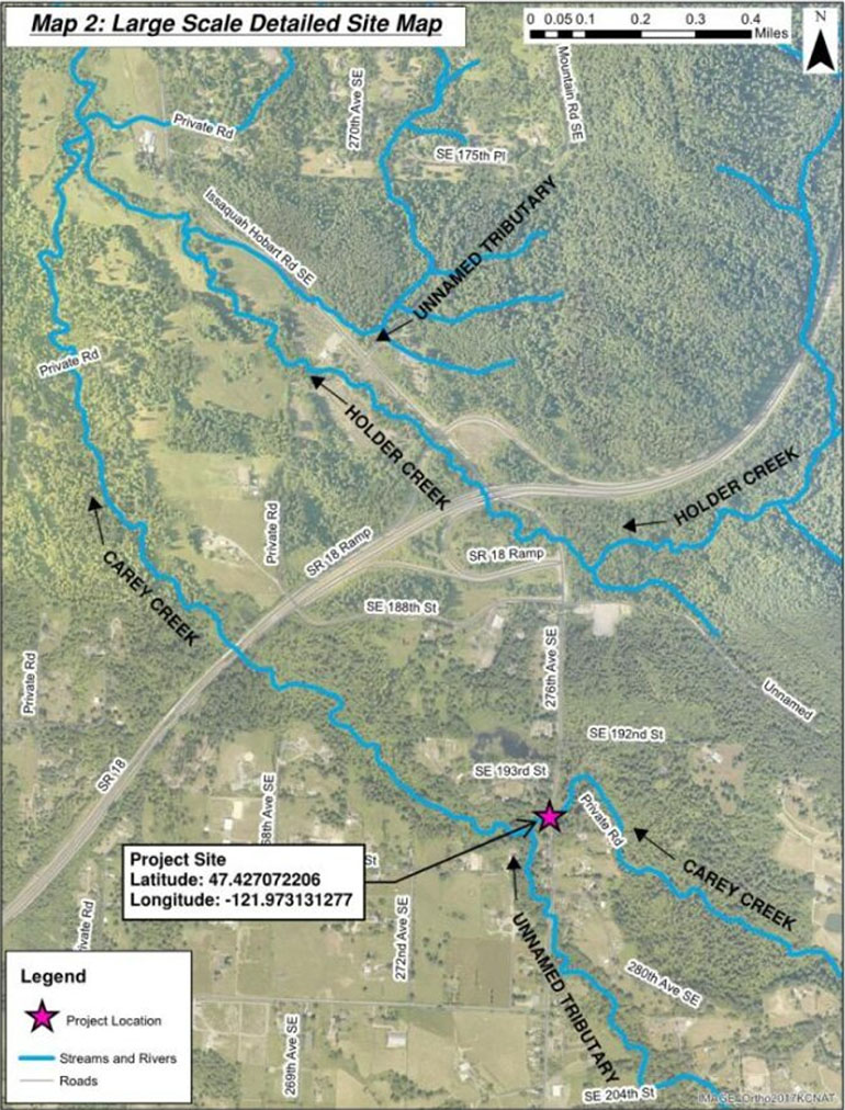 Map showing the location of the Carey Creek Fish Passage Project at 276th Ave SE upstream of State Route 18 and the confluence with Holder Creek and Issaquah Creek.