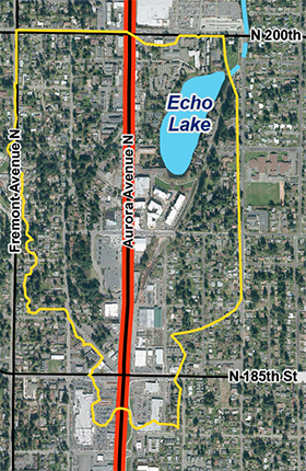 Echo Lake study area map:  aerial photo of Echo Lake and its drainage area