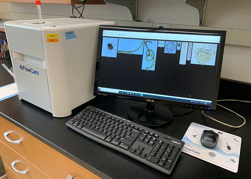 A computer monitor, keyboard, and mouse sit on a black laboratory bench next to a grey FlowCAM instrument. The screen shows several photos of marine microorganisms against a black background. The FlowCAM is used to document and analyze plankton in Puget Sound.  