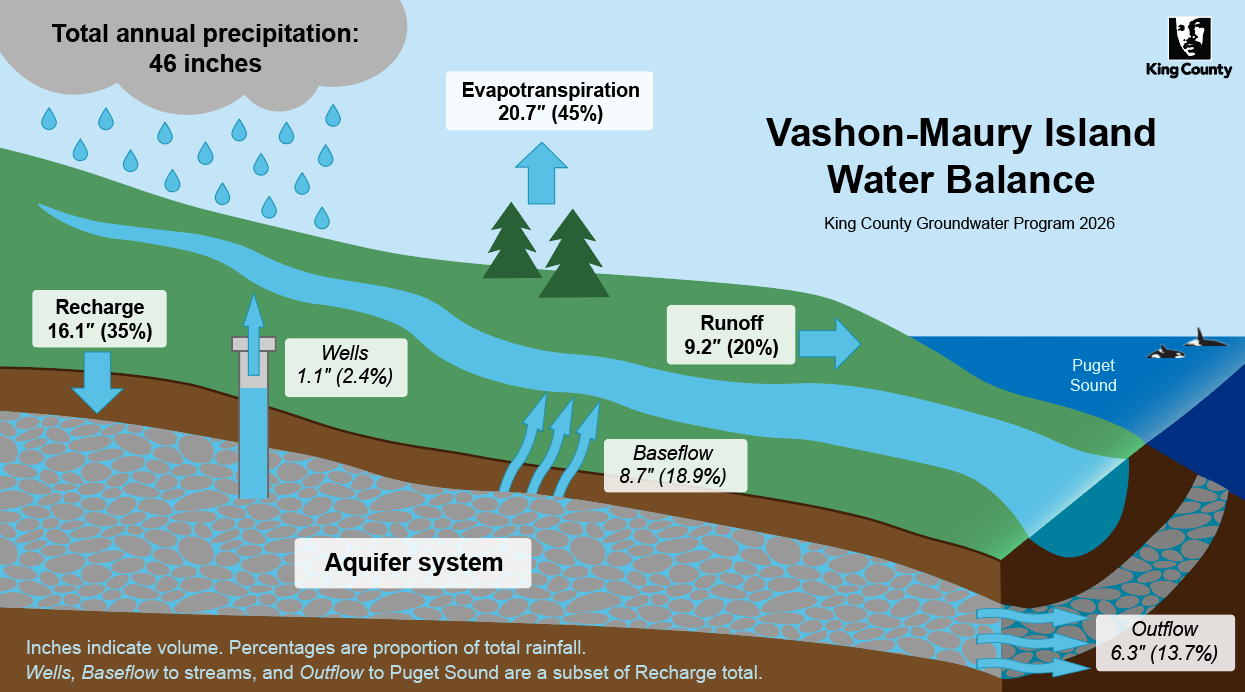 A diagram demonstrating the hydrologic cycle, or water balance, of Vashon-Maury Island. Vashon receives 46 inches of precipitation each year. Of that, 20.7 inches, or 45%, evaporates or is used by plants in a process called “evapotranspiration.” Another 9.2 inches or 20% flows into Puget Sound as “runoff”. The rest- 16.1 inches or 35%- recharges Vashon’s aquifer.  Once underground, fresh water seeps back into streams as “baseflow” (8.7 inches or 18.9%), or into Puget Sound as “outflow” (6.3 inches or 13.7%). Only 1.1 inches or 2.4% is pumped by local wells.
