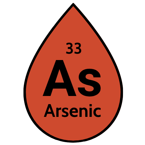 Icon- An orange water droplet with "33, As, Arsenic" on it in the style of the periodic table