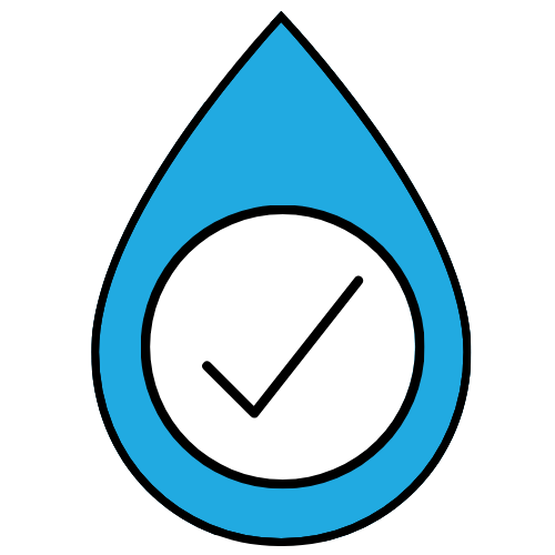 Icon- a blue water droplet with a check mark on it