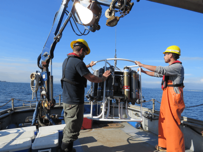 Two marine scientists deploying a CTD, an oceanographic measurement device.