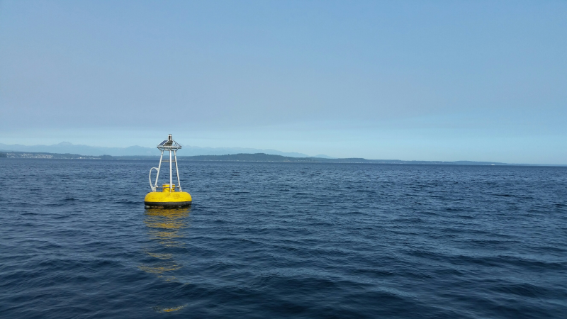A marine mooring in Puget Sound with water and land in the distance.