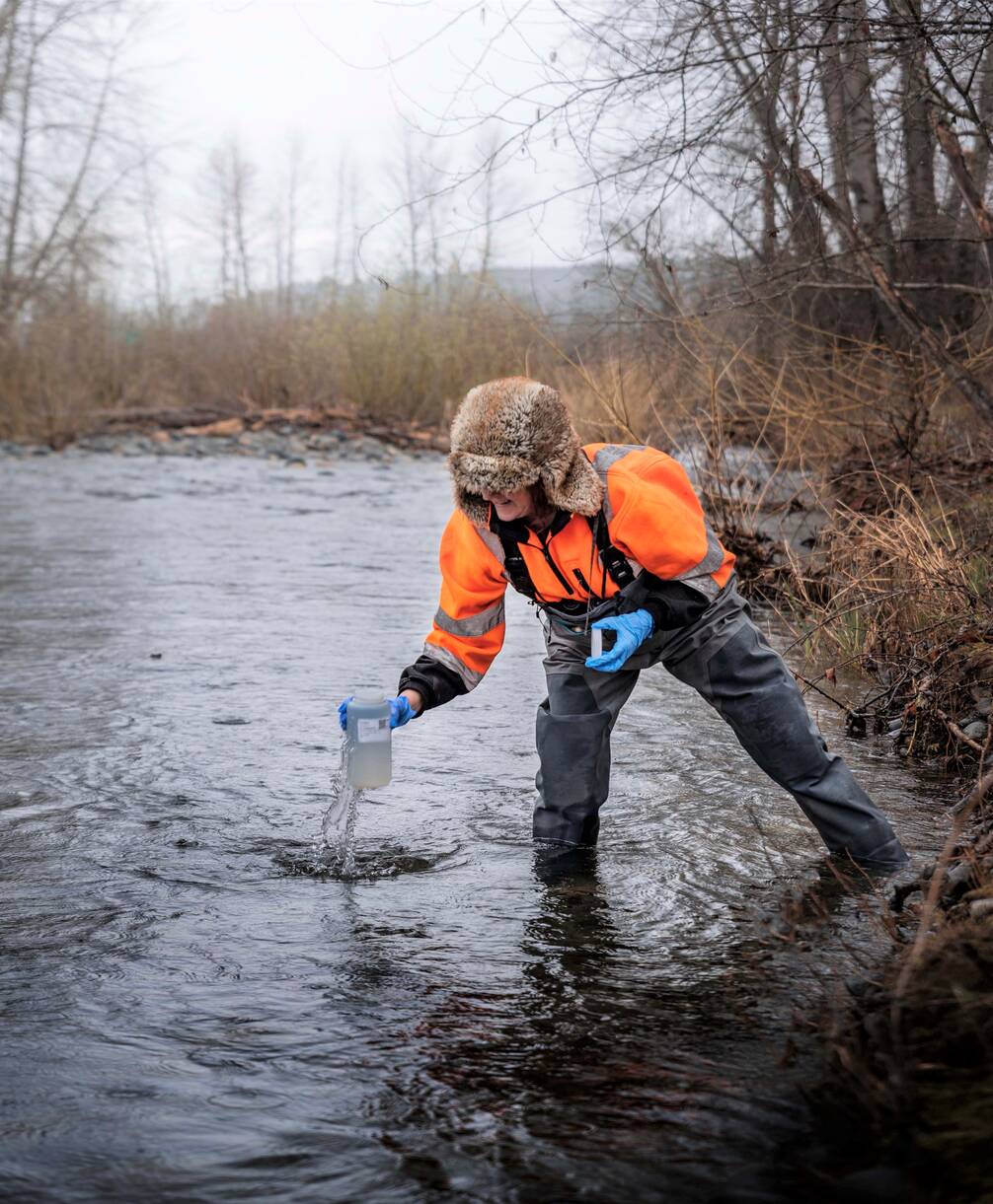 A worker wading into a stream to take a sample.