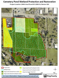 Map of the Cemetery Pond protection and restoration project location in Renton, Washington.