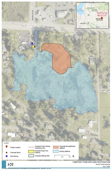Map of Cemetery Pond wetland restoration project showing a 30% design drawing.