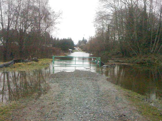 Seola detention facility with water over road by a green gate.