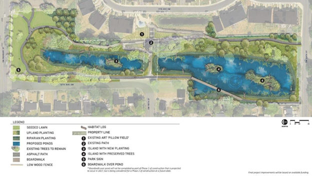 Map of proposed design updates to the White Center pond.