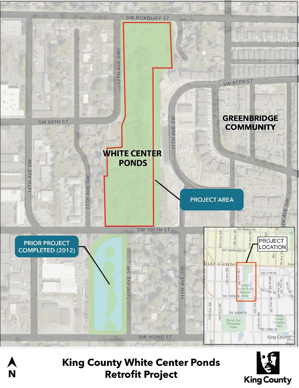 Map of White Center Ponds project area, just east of downtown White Center and immediately west of Greenbridge.