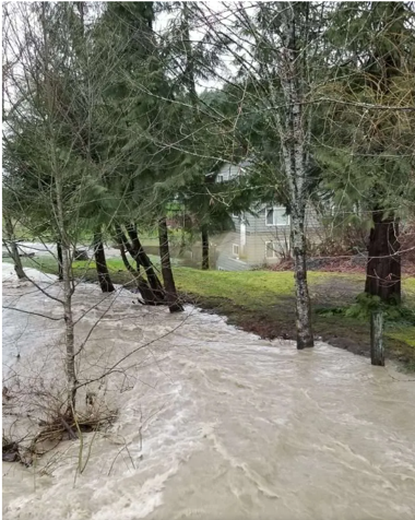 Creek flowing over the stream banks, threatening nearby homes.