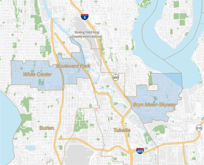Map showing White Center, Boulevard Park, and Bryn Mawr-Skyway shaded in blue.