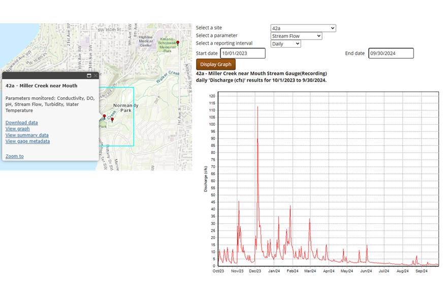 stream flow for water year 2024 measured by the stream gage near the mouth of Miller Creek