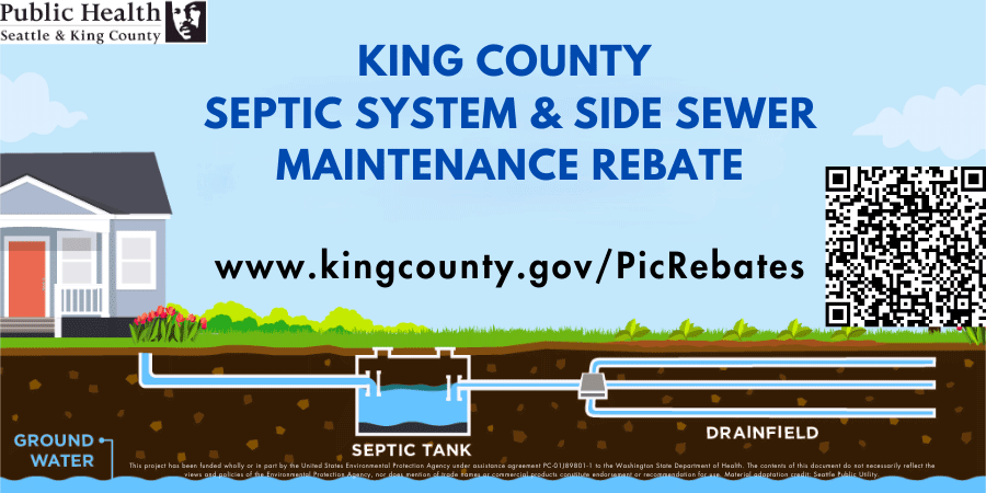 House with a septic tank and drainfield with groundwater underneath. QR code for King County septic system and side sewer maintenance rebate and URL, www.kingcounty.gov/picrebates.