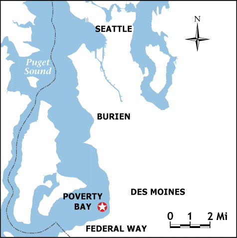 A map showing Seattle, Burien, Des Moines, and Federal Way, with a white star on a red circle showing Poverty Bay between Des Moines and Federal Way.