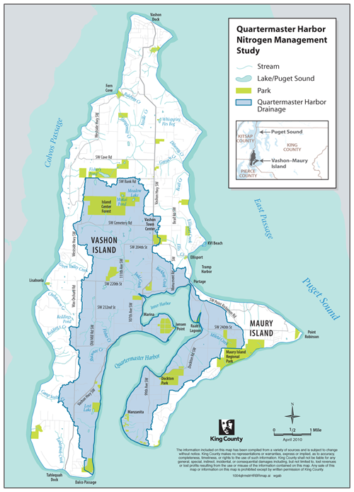 Map of the study area on Vashon-Maury Island, concentrated around Quartermaster Harbor at the islands' south end.