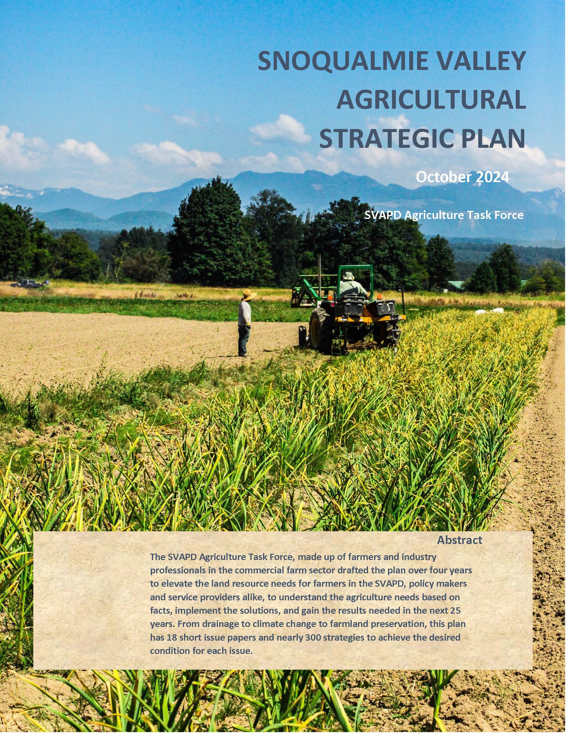 Cover of the Snoqualmie Valley Agricultural Strategic Plan showing rows of crops, farmers and a tractor.