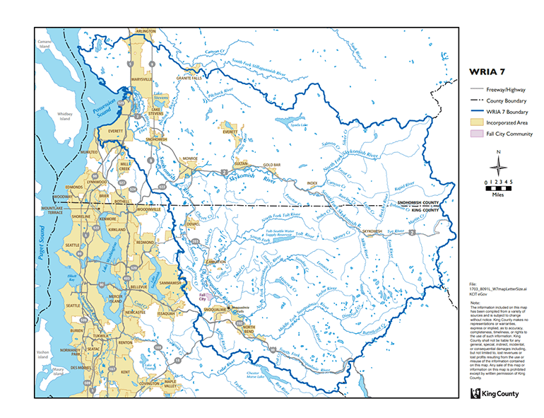 Map of Snohomish River Watershed, which the Snoqualmie and Skykomish Rivers flow into