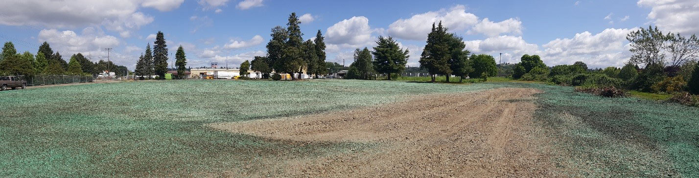 Demolition complete, impervious surfaces removed, hydro seed installed (view northeastward, approx. 270° panoramic photo; May 9, 2016)