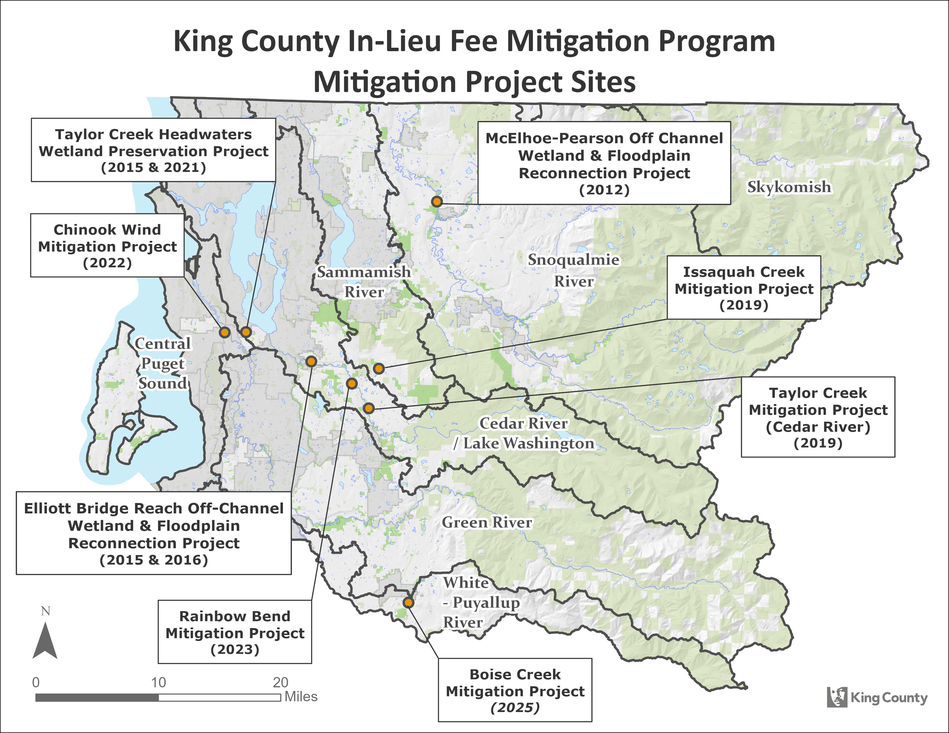 Map of King County showing the Mitigation Reserves Program service areas and mitigation sites.
