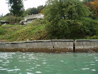 A hilly shoreline with a concrete bulkhead, showing several large cracks.