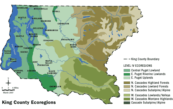 Map of the 9 Level 4 ecoregions of King County, from Central Puget Lowlands in the west to Cascade and North Cascades Subalpine/Alpine in the east.