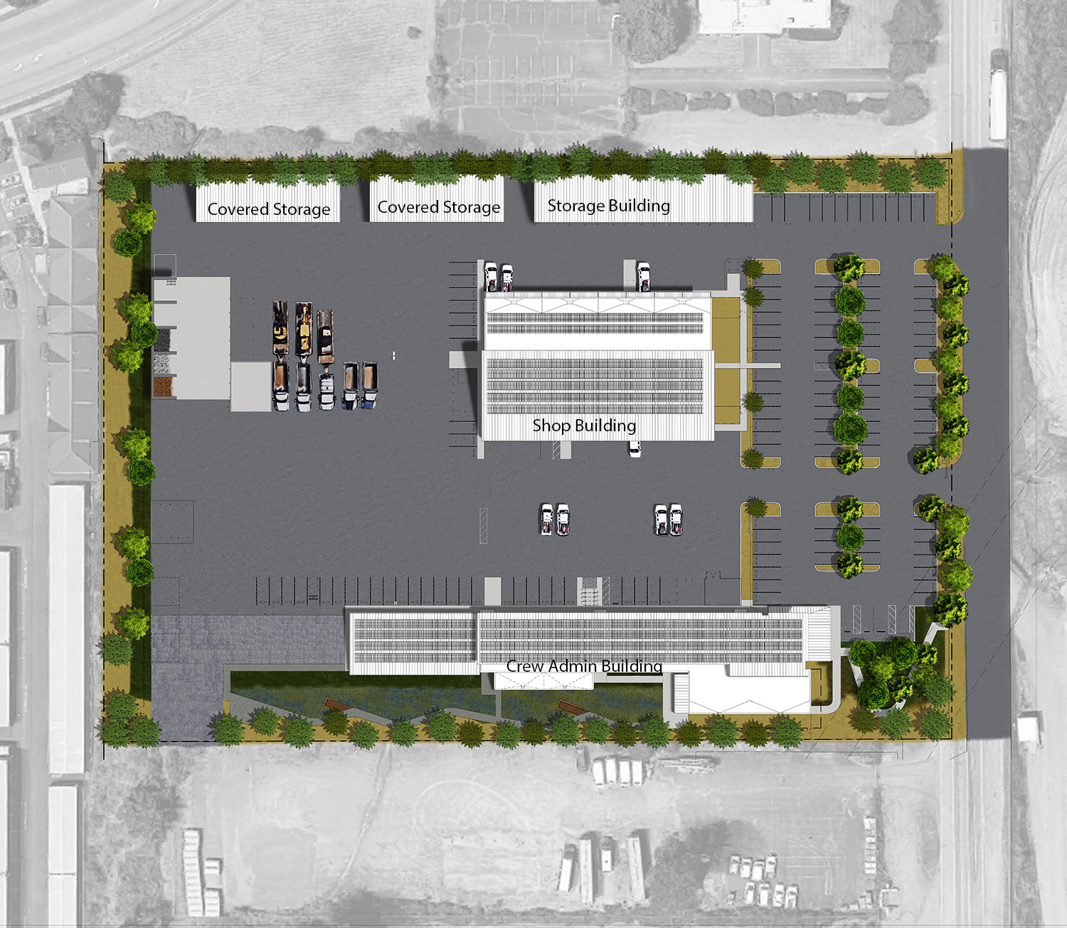 Site plan with rendered images of new facility