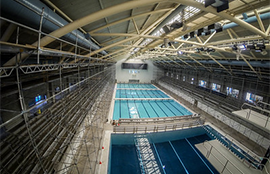 A view of the Aquatic Center from the ceiling struts