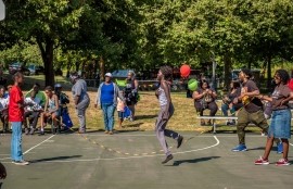 Young people skip rope at Skyway Park