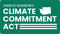 "Funded by Washington's Climate Commitment Act" written in white on top of a green background. A white figure shaped like Washington State is to the right of the word "Climate."