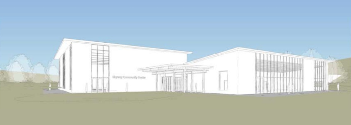 An initial and general idea of the shape, form, and size of the preferred Skyway Community Center building concept.