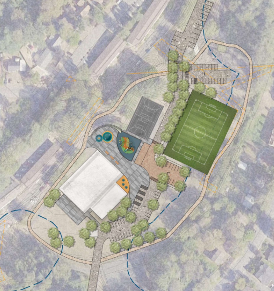 A map providing a general idea of what the layout of features could be in the southern portion of Skyway Park. The building sits in the southwestern corner of the park. The current access driveway is extended south, past the building to connect up to 125th St. Parking is added along the driveway near the building and recreational amenities such as a playground, outdoor gathering spaces, and a grass soccer field have been added.
