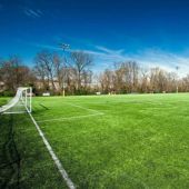 Photo shows a green soccer field with a soccer goal on a bright sunny day.