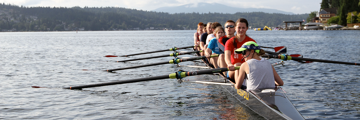 A team rows on lake Sammamish