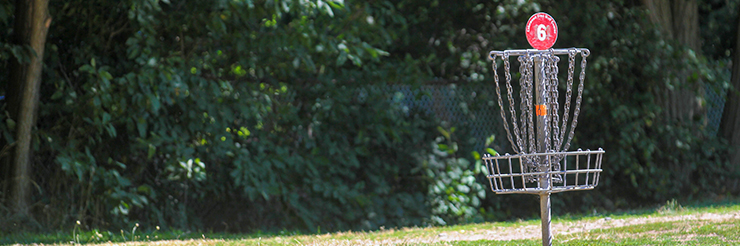 A metal disc golf basket on green grass with green leafy bushes in the background