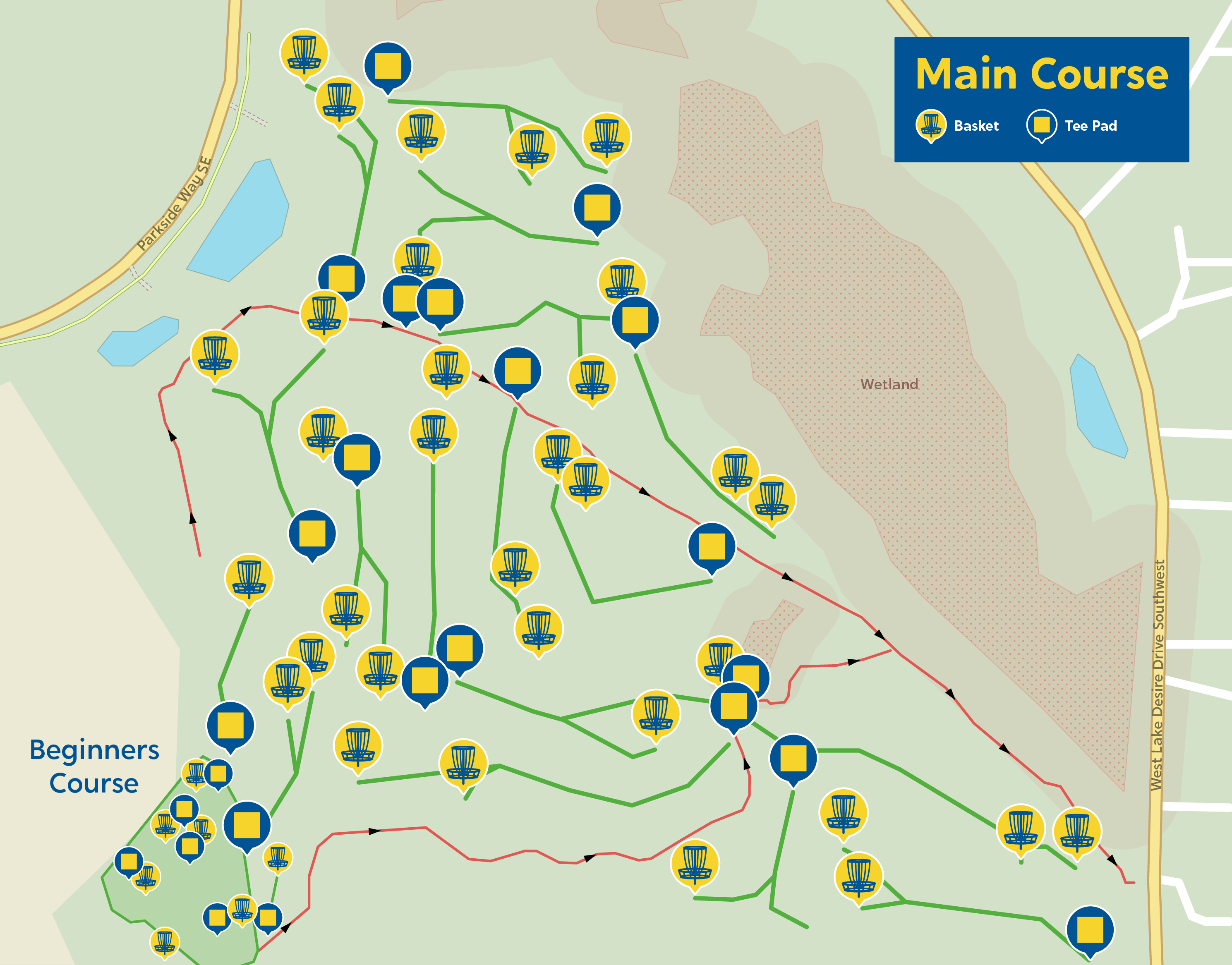 An illustrated map of the proposed disc golf course. Little squares represent tee pads, and basket symbols are nearby