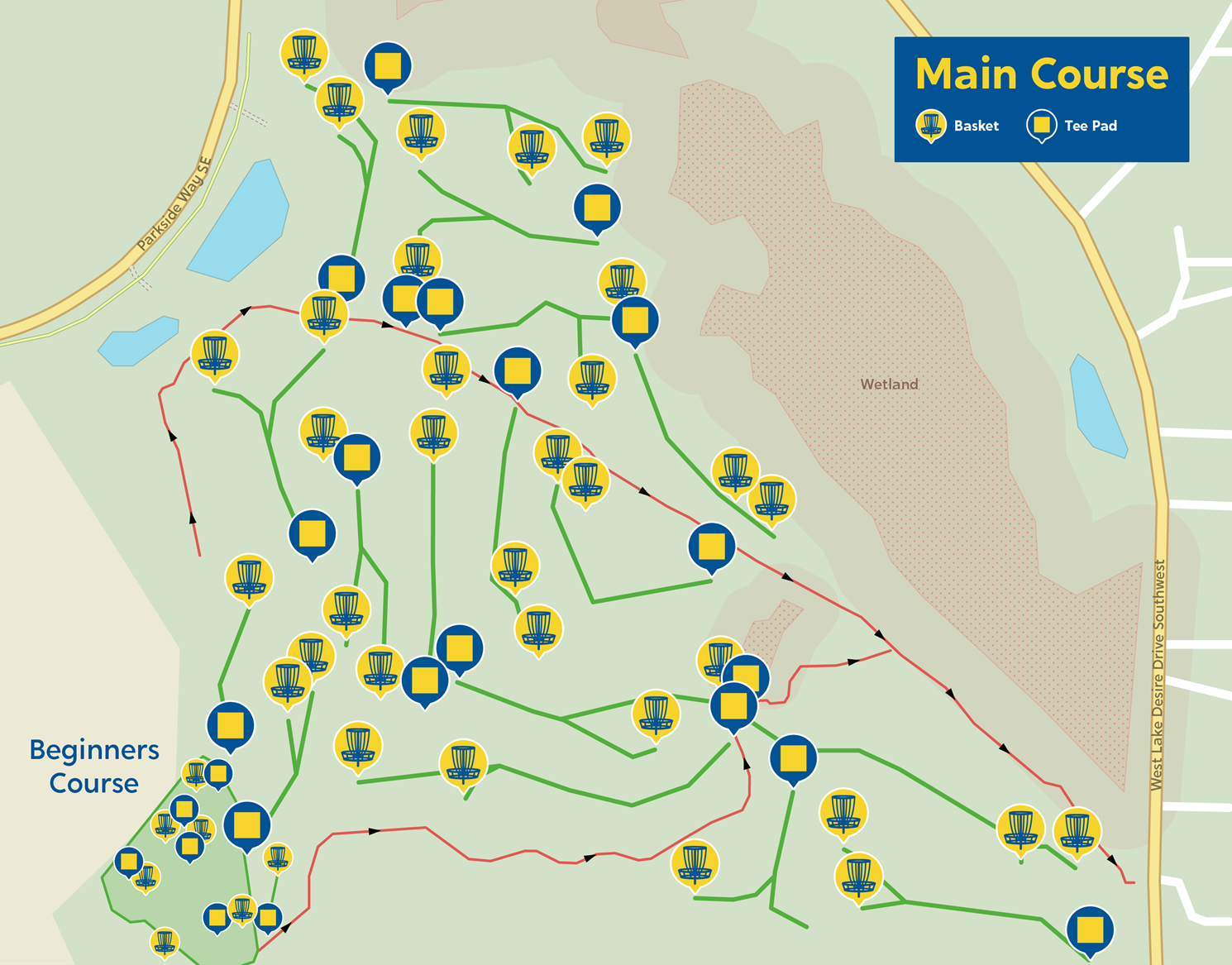 An illustrated map of the proposed disc golf course. Little squares represent tee pads, and basket symbols are nearby