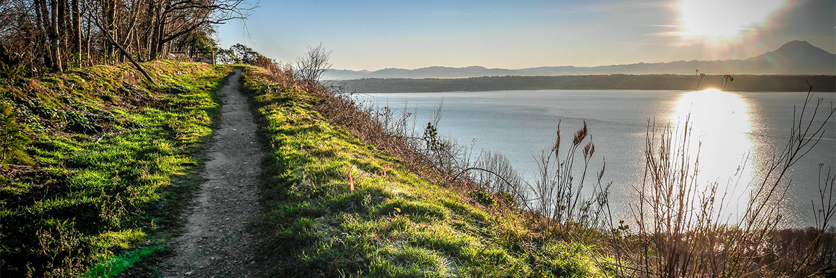 A dirt path runs along the shore at Maury Island Marine Park