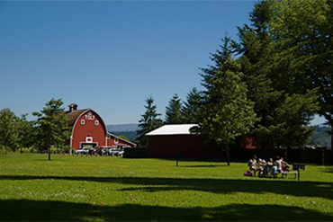 A family picnics near the red barn at Tolt Macdonald Park
