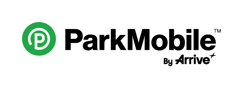 Park Mobile logo which is a green circle with the letter p and text that reads Park Mobile by Arrive